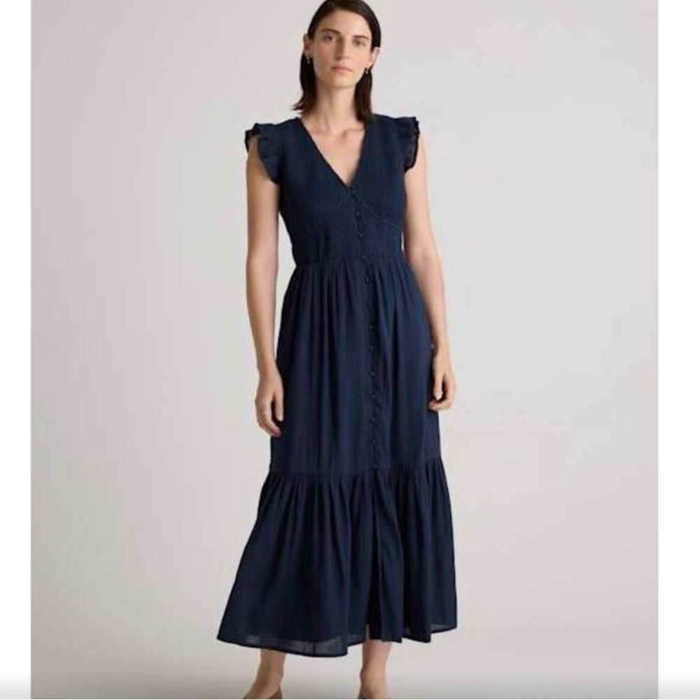 Quince Navy Blue Organic Textured Cotton Smocked V-Neck Midi Dress